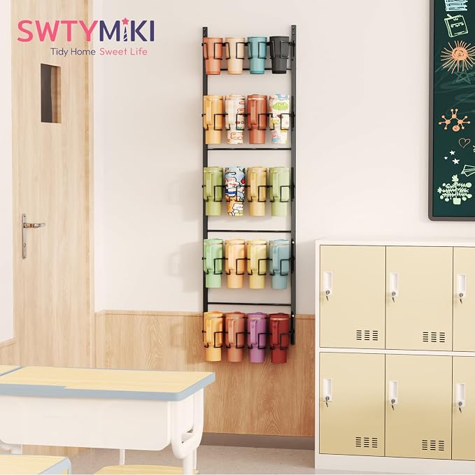SWTYMIKI 5-Tier Water Bottle Organizer – Over the Door Stanley Cup Holder, Cup Organizer for Door or Wall Mount Option, Stanley Accessories for Pantry, Dorm, Office, RV Use, Black
