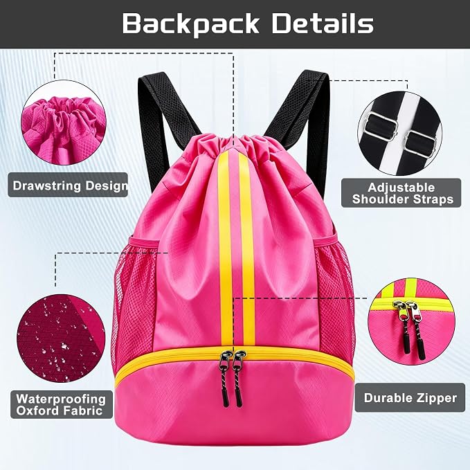 Rose Sports Drawstring Backpack with Shoes Compartment, String Gym Bag with Wet Proof Pocket for Basketball, Soccer, Swim, Sport Bag for Men and Women