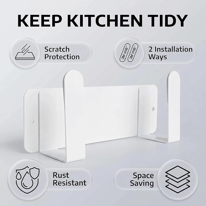 Pot Lid Rack, Wall Mounted 304 Stainless Steel Multi-Functional Storage Holder, Fits Cutting Boards, Pot Lids, Bathroom Scales, Self-Adhesive & Screw Mounting, Kitchen & Bathroom Organizer (White)