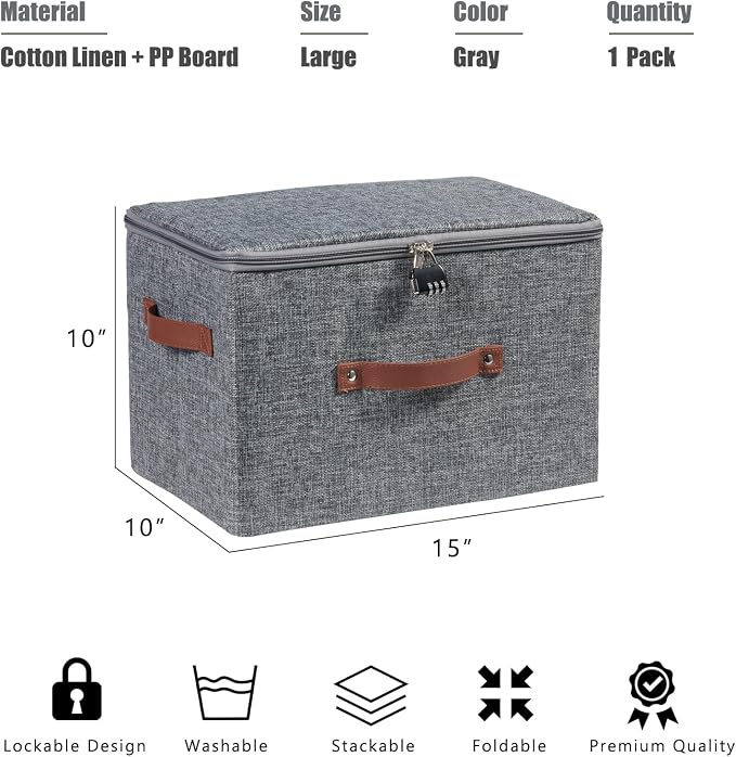 Storage Bins Boxes with Zipper Lid Combination Lock PU Leather Handles Cotton Linen Fabric Lidded Lockable Baskets Foldable Washable Closet Shelf Organizer Container (Gray, Large)