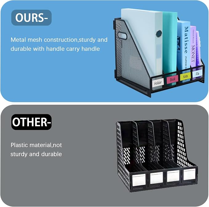Desk Organizers Metal Magazine File Holder Racks Desktop Folder Storage Binder Organiser Document Organization for Home Office & Classroom,4 Vertical Compartments