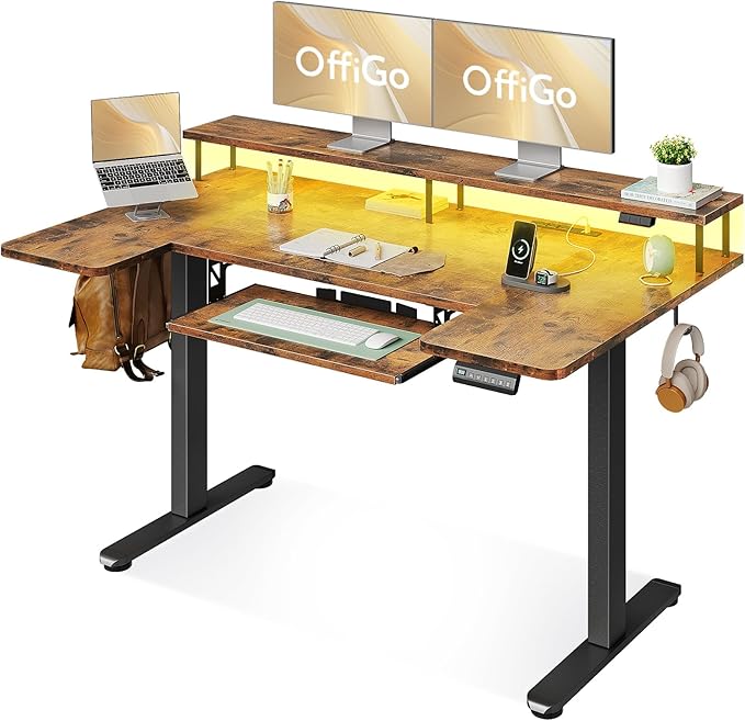 OffiGo 55 Inch U Shaped Standing Desk with Keyboard Tray, Rustic Brown | 3 Outlets & 2 USB Ports, Monitor Stand, 10 Colors & 10 LED Modes, 3 Presets, 28.3"-46.5"in Range, 154 lb Capacity