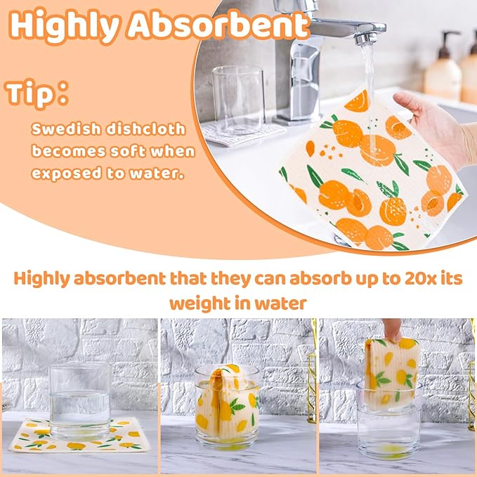Needbrock 6 Pack Fruit Swedish Dishcloths for Kitchen,Swedish Rags Dish Towels with Clips, Reusable Paper Towels Washable Absorbent Cellulose Sponge Cloths for Countertop Dishes Cleaning