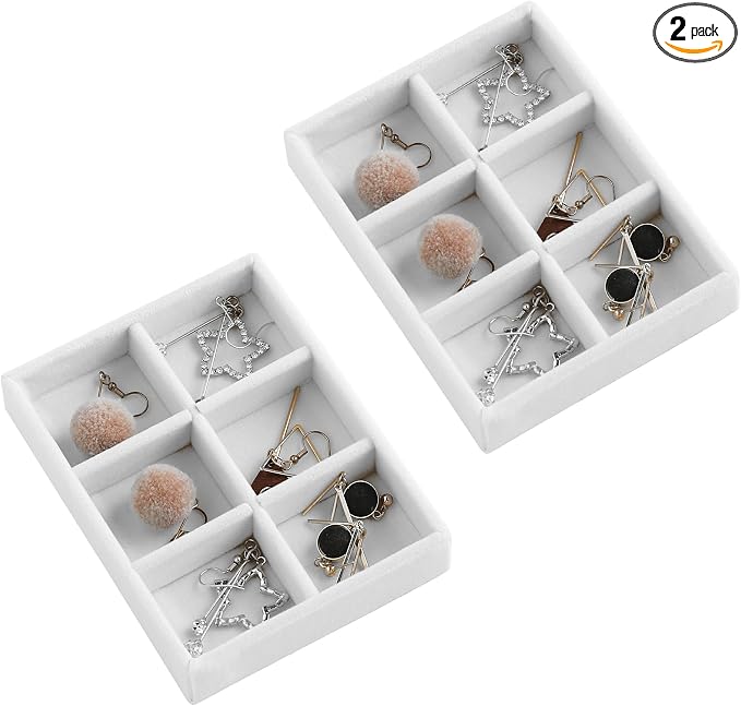 Frebeauty Small Jewelry Trays for Drawer,2 Pack 6 Grid Earring Organizer | Jewelry Display for Rings Stud,Jewelry Box Inserts,Drawer Inserts,Adjustable Dividers,Earring Organizer,Stackable,Mini Size