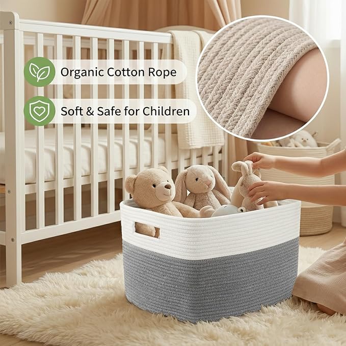 JMvicyroam Woven Blanket Basket,65L Large Storage Bin for Blankets Toys Clothes,Decorative Rope Basket for Living Room Bedroom with Handles, White&Grey