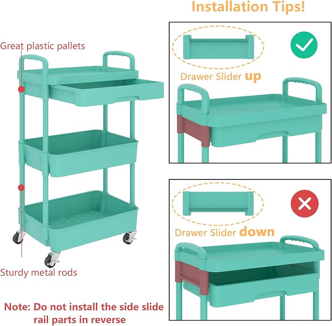 Calmootey 3-Tier Rolling Utility Cart with Drawer,Multifunctional Storage Organizer with Plastic Shelf & Metal Wheel,Storage Cart for Kitchen,Bathroom,Living Room,Office,Green | Space-Saving Organizer, Sturdy Plastic Shelves, Smooth-Rolling Metal Wheel...