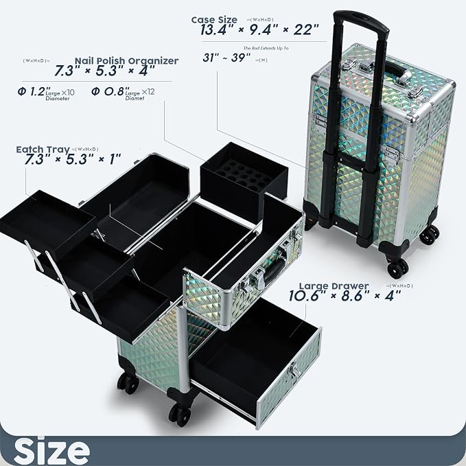 Hododou Blue Rolling Makeup Case with Drawer Travel Trolley Cosmetology Case on Wheel Makeup Storage Salon Barber Case Traveling Cart Trunk for Cosmetologist Nail Tech Hairstylist