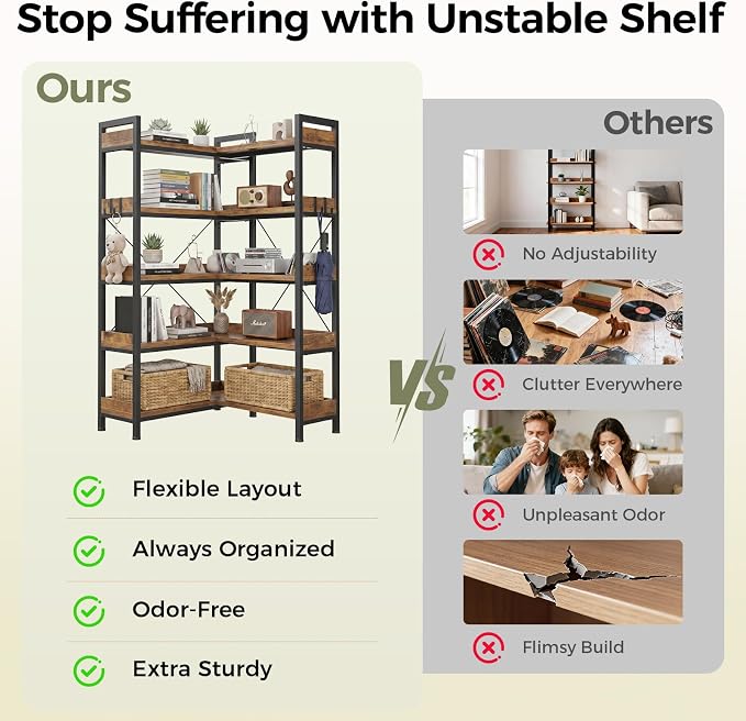 GTPLAYER 5-Tier Corner Bookshelf, L-Shaped Metal Frame Shelf with Tall 14" Shelves, Plant Stand and Storage Rack for Small Spaces, Living Room and Home Office, Brown