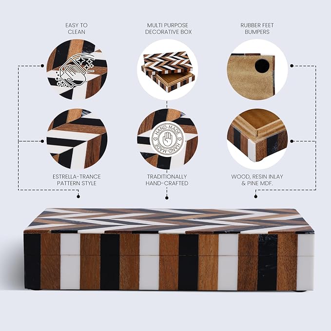 Handicrafts Home Decorative Storage Box with Lid Wooden Remote Control Box Remote Holder for Living Room Coffee Table – Natural Wood Resin Inlay Marquet Cosmo Collection- 8x5x2