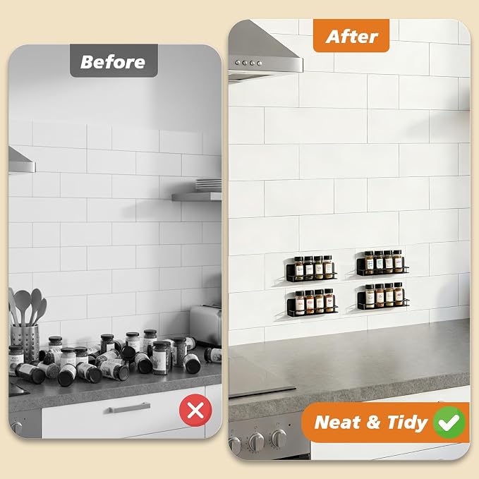 RECAPS Spice Rack Wall Mount 4 Pack, Black Metal | Space-Saving Spice Organizer, Adhesive Hanging Spice Rack, Seasoning Organizer for Wall Kitchen, Cabinet or Pantry Door