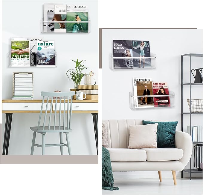 2 Pack Acrylic Magazine Holder,17 Inch Clear Wall Book Shelves | With Mounting Kit,easy installation,for school display areas,kids rooms,residential living spaces,commercial office decor