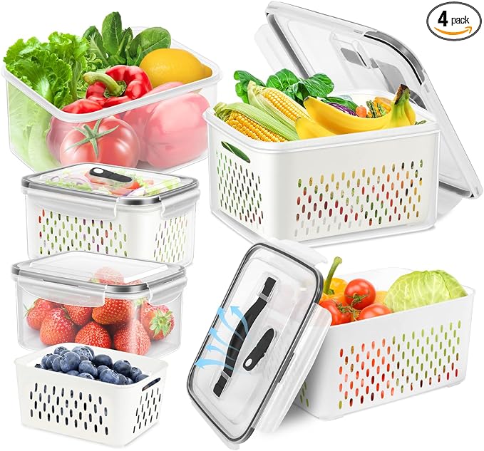 4 Pack Fridge Fruit Storage Containers with Colander, Vent and Handle | BPA Free Plastic, Airtight Stackable Refrigerator Organizer Bins for Berry, Meat, Vegetable