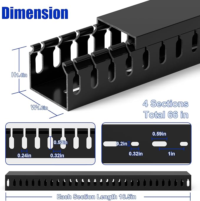 1.4"H x 1.6"W Cable Raceway, 66in Under Desk Wire Management Channel, Black | Slotted Wire Duct, 4Pack, 16.5in Each, Heavy-Duty PVC Cable Management for Server Racks, Network Cables & Electrical Cabinets
