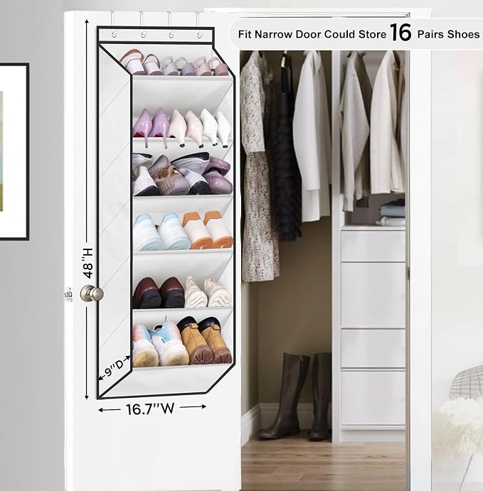 SLEEPING LAMB Over The Door Shoe Organizer for Closet with Large Deep Pockets, Narrow Shoe Rack for Door Hanging Boots Storage, White