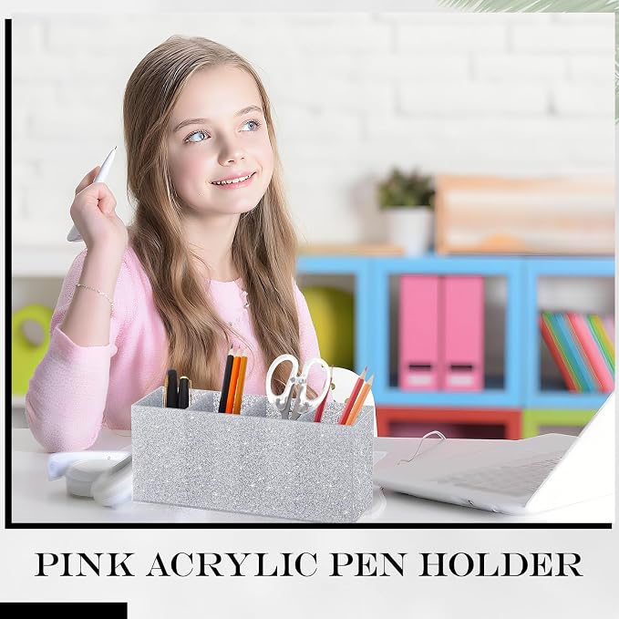 Jetec Acrylic Glitter Silver Pen Holder 4 Compartments Bling Makeup Brush Stationery Organizer Pencil Holder for Desk Accessories Sparkly Gifts for Women Back to School Birthday Desktop Office