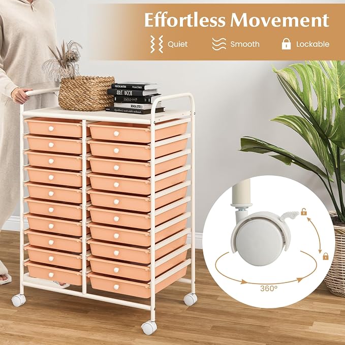 COSTWAY 20-Drawer Rolling Storage Cart, Utility Storage Organizer Cart | For Tools, Scrapbook, Paper, Craft, Multipurpose Storage Trolley on Wheels for Home Office School (Peach)