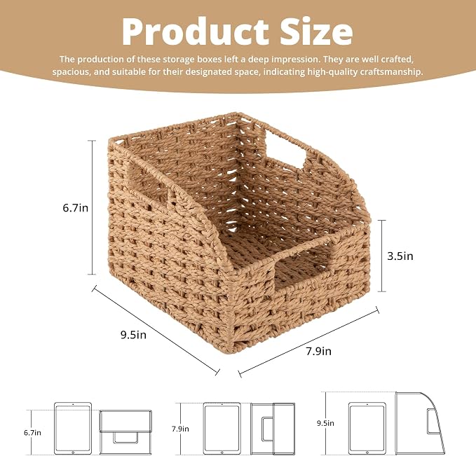 OIAHOMY Pantry Baskets for Organizing, Paper Rope Baskets with Built-in Handles, Wicker Storage Bins for Shelves, 2 Pack-Yellow