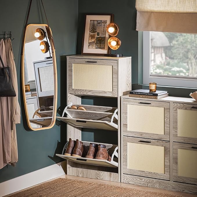 SoBuy Shoe Cabinet for Entryway | Freestanding Shoe Rack, Shoe Organizer 3 Drawers, Narrow Slim Hidden, Natural Wood Color, FSR170-H-N