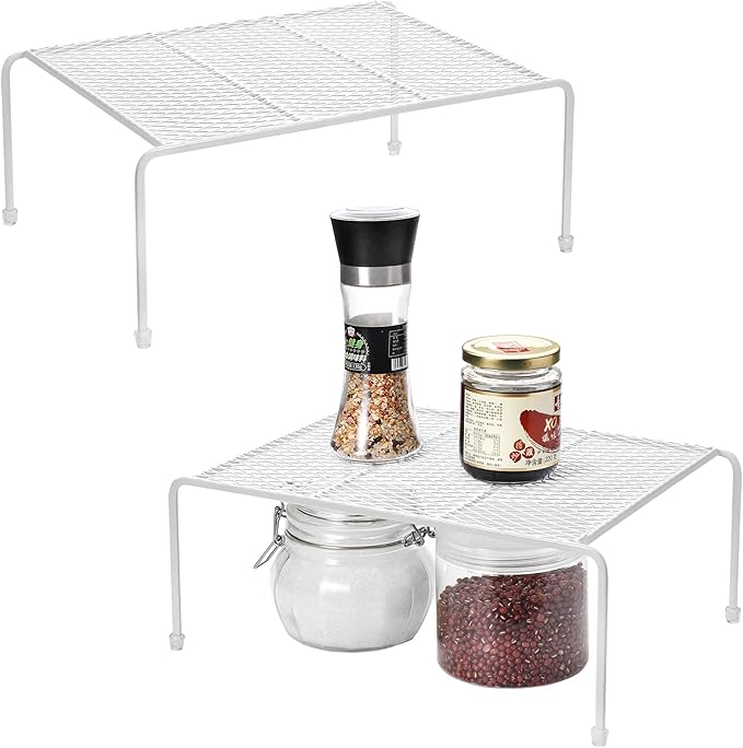 Lonian Kitchen Cupboard Organiser - Home Storage Shelf Wire Rack (2-Pack) for Cabinets, Countertops, Pantries | Rust-Proof, Space Saving, White