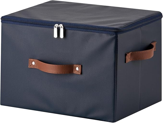 Storage Bins with Zipper Lid PU leather Storage Boxes Leather Fabric Collapsible Lidded Baskets Cube with Handle Decorative Shelves Closet Office Organizer Container(Dark Blue, Large Size)