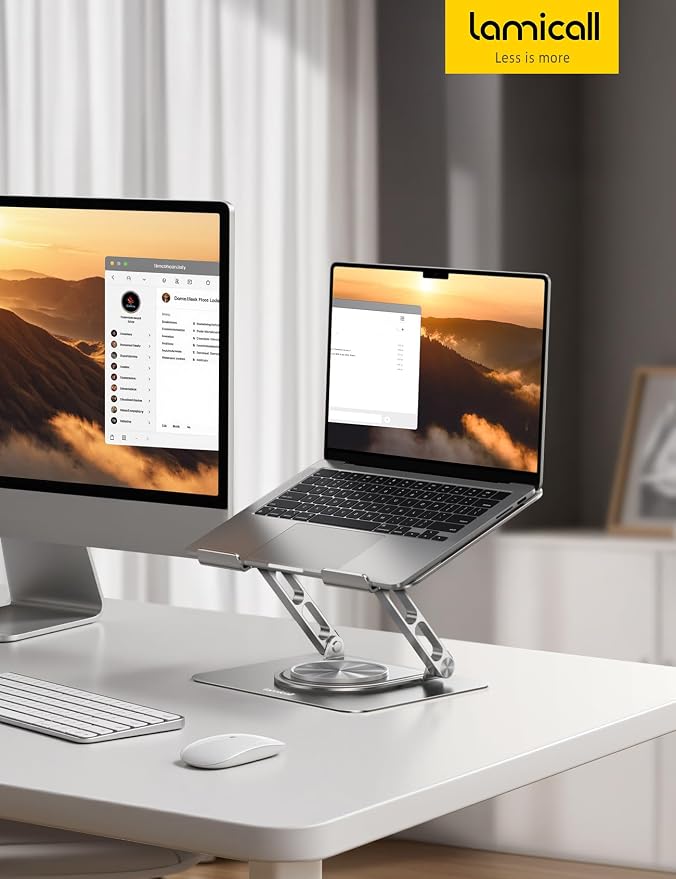 Lamicall Adjustable Laptop Stand for Desk 360° Rotating Base for 10-17.3'' | Aluminum Laptop Riser, Ergonomic Computer Stand Foldable Protable fits MacBook Neo Air Pro Dell HP Lenovo Office Home Sliver