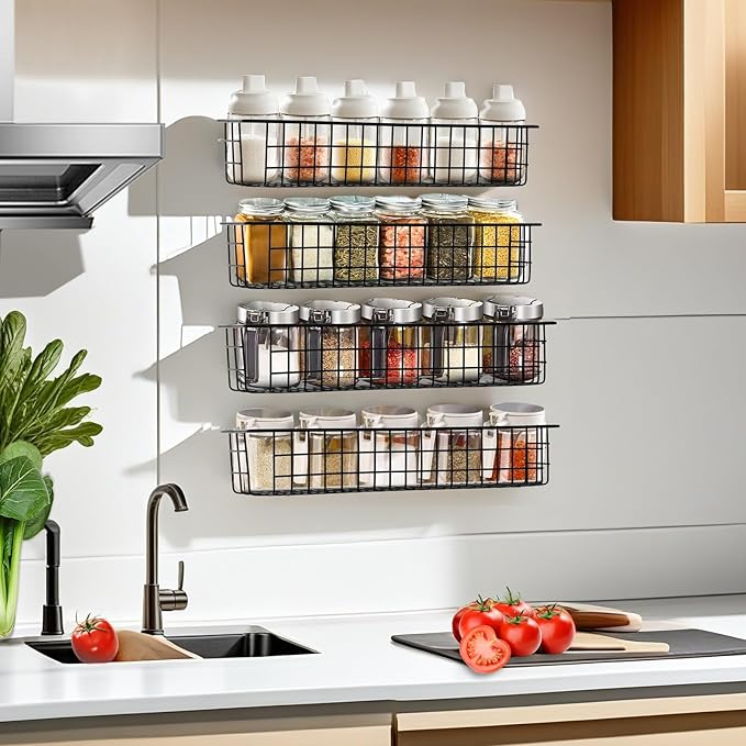 Spice Rack Organizer Wall Mount, 2 Pack Black Seasoning Rack Wire Storage Baskets for Wall or Cabinet Door in Kitchen and RV | Seasoning Rack