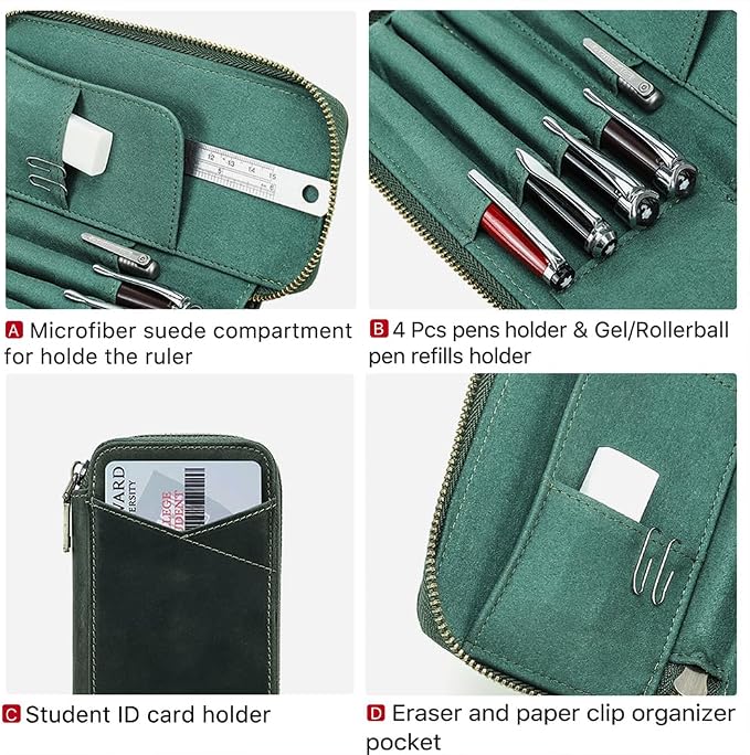 CONTACTS Full Grain Leather Pencil Case Handmade Vintage Zipper Pen Holder Pouch with Card Slot Pens Organizer Pockets Stationery Bag for Men and Women (Dark Green)