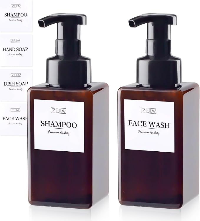 15OZ Foaming Soap Dispenser, 2-Pack Plastic Hand Soap Dispenser, Refillable Leakproof Foam Pump Bottle with Waterproof Labels, for Shampoo, Body Wash