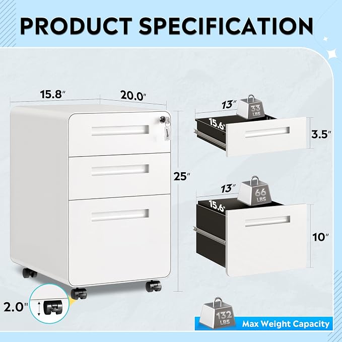 DEVAISE 3-Drawer Metal File Cabinet with Lock, Mobile Filing Cabinet Under Desk for Home Office, Fully Assembled Printer Stand fits Letter/Legal Size, 20" D x 15.8" W x 25" H, White