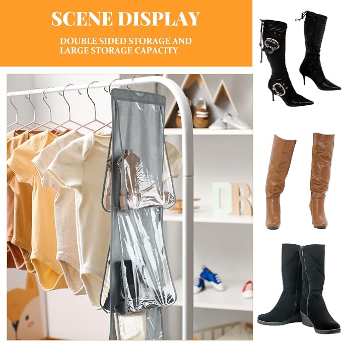 Windyun 16 Pairs Large Clear Pockets Fabric Dual Sided Hanging Shoe Rack for Closets Hanging Shoe Organizer with Rotating Hanger Boot Organizer for Storage Men's and Woman's Boots(Gray)