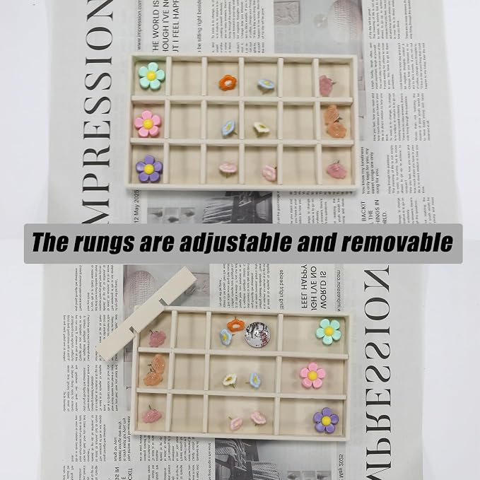 Velvet Jewelry Organizer Trays Beige Stackable Jewelry Storage Display Tray with Removable Dividers, 18 Grids