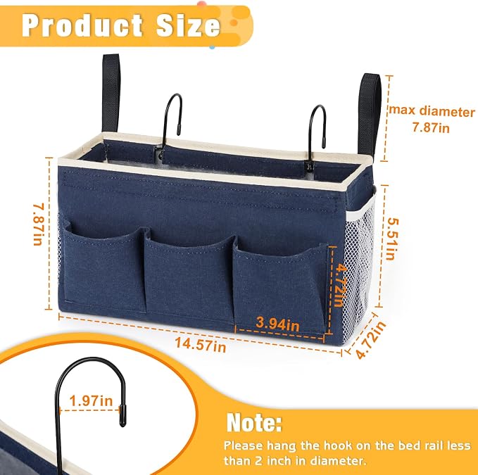 Lilithye Bedside Caddy Bedside Organizer Bedside Storage Caddy with Fixed Straps and Water Bottle Holder for Home College Dorm Bunk Bed Hospital Bed Crib Bed Rails (Navy Blue)