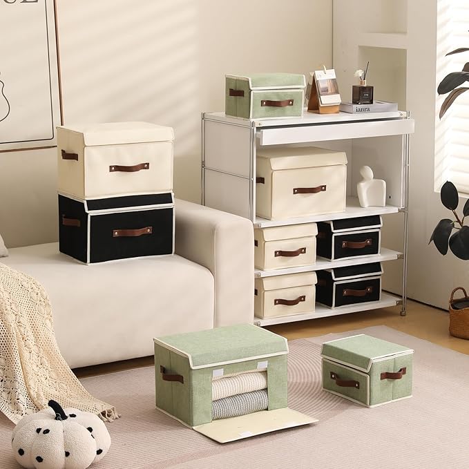 Storage Bins Box with Lids Front Opening Window Decorative Cotton Linen Fabric Basket PU Leather Handles Washable PP Board Foldable Shelf Closet Organizer Container (Light Green, Small)