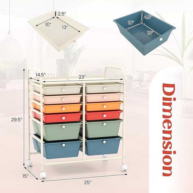 DREAMADE Rolling Cart with Storage Drawers, Utility Cart with Removable Plastic Drawers, Lockable Wheels, Art Cart for Classroom Organization Art Supplies Office Scrapbook (12 Drawers, Macaron)