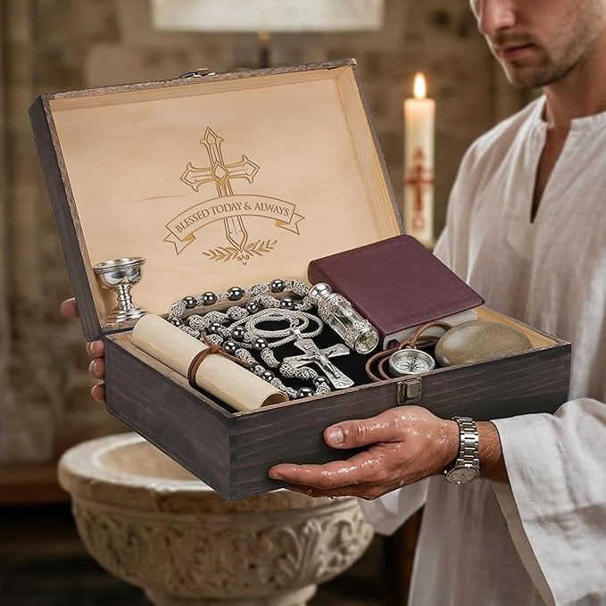 Engraved Baptism Memory Box – Wooden Keepsake Box for Christening Gifts, Baby Dedication, or First Communion – X-Large Size – Dark Walnut Finish –14.12 x 9.5 x 4.5 in