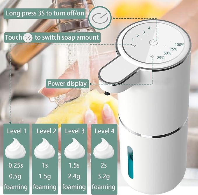 Automatic Soap Dispenser – Touchless Foaming Soap Dispenser 400ml USB Rechargeable Dispenser Electric Wall Mounted 4levels Adjustable Foam Dish Soap Pump for Bathroom Kitchen