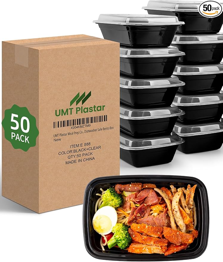 UMT Plastar 38 oz Rectangular Meal Prep Containers with Lids, 50 Pack BPA-Free Food Storage Containers