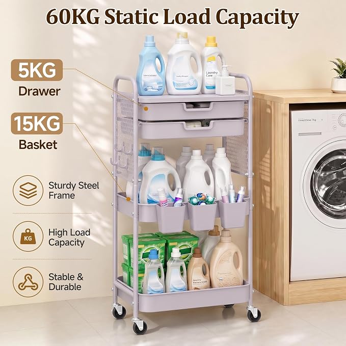 3 Tier Rolling Cart with 2 Drawers, Metal Utility Storage Carts with Wheels | Kitchen Rolling Cart 4.5" Deep Basket, Mesh Side Panel with 3 Cups, 4 Hooks for Office, Bedside, Craft Storage Cart