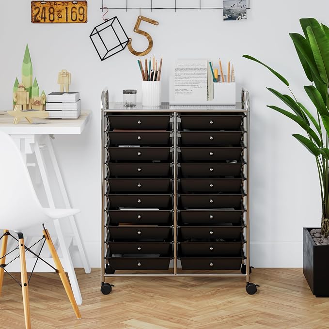LDAILY 20-Drawer Rolling Storage Cart, Rolling Storage Cart, Storage Organizer on Wheels, Metal Frame, Scrapbook Paper Tools, Suitable for Office School, Classroom (Black, 20 Drawer)