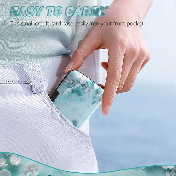 Credit Card Holder, Mini RFID Small Aluminum Card Wallet Business Card Case | Blocking Slim Metal RFID Blocking Front Pocket Wallet Hard Case Durable CC Holder for Women Girls, Green Teal Butterfly