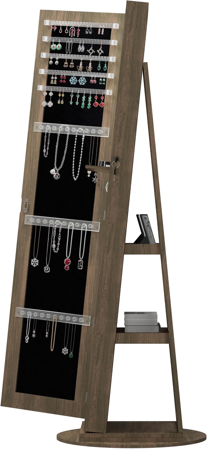62" 360° Swivel Freestanding Storage Chest, Jewelry Cabinets with Interior Light, Utility Organizer with Lockable Design for Home Dressing, Antique brown