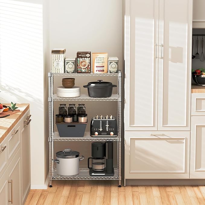 M MZG 5-Shelf Storage Shelves,Wire Shelving Heavy Duty Metal Storage Shelving Unit Adjustable Garage Shelving Rack Pantry Kitchen (Chrome, 4 Tier,15.8" D x 45.3" W x 59.4" H)