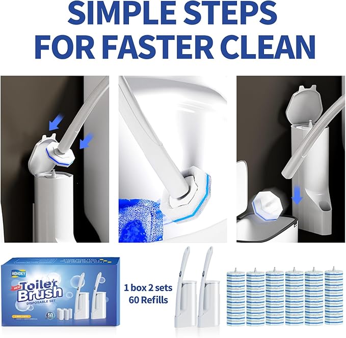 Hohoky Disposable Toilet Brush Cleaning System, Two Sets of Wands and 60p Refills Pads Replacement Heads, Wall Mounted Toliet Stick Starter Kit Bathroom Maintenance, Toilet Bowl Cleaner Holder