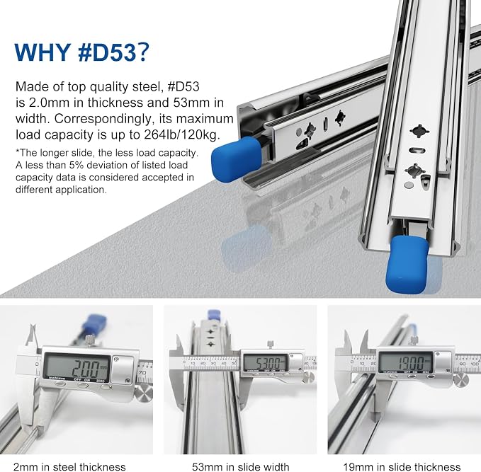 VADANIA 12" Heavy Duty Drawer Slide with Lock #D53, 2" Width Up to 125lb Load Capacity, 3-Fold Full Extension, Ball Bearing Lock-in & Lock-Out, Side Mount, 1-Pair