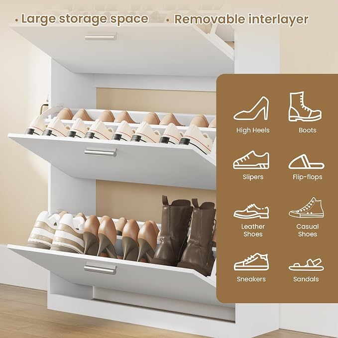 Shoe Cabinet Organizer with 3 Flip Drawers, Freestanding Shoe Storage Cabinet, Adjustable and Removable Dividers, 31.5"W x 8.7"D x 47.2"H Narrow Shoe Rack for Entryway, Foyer, Hallway, White