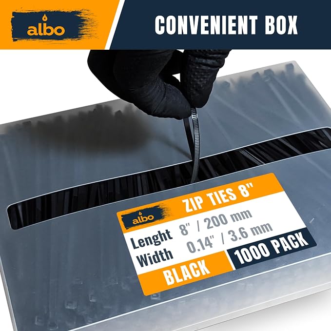 ALBO Zip Ties Black 8 Inch 1000 Pack 40 lb, Long Plastic Cable Ties Thick 0.14 Inch Tie Wraps Heavy Duty UV Resistant Nylon Wire Ties for Indoor and Outdoor