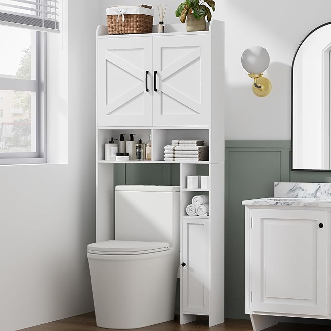 Homhedy Wooden Over The Toilet Storage Cabinet with Barn Door | Freestanding Bathroom Storage, Toilet Paper Holder, Adjustable Shelf,Space-Saving, Farmhouse Style, White