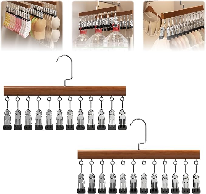 2Pcs Loset Organizer with 12 Clips,Wooden Wangers with Wlips,Wace Saving Hanging Closet Organizer,Space-Saving Hat Scarf Clothespins,Pant Hangers with Clips(Brown)
