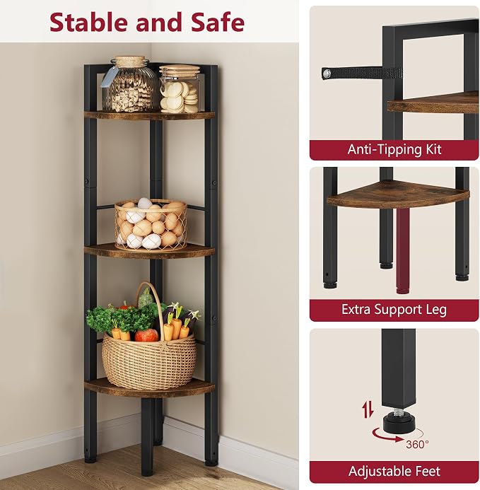 Tajsoon Small Corner Shelf Stand 3 Tier 39.6" Industrial Corner Display Shelf Shelving Unit, Corner Tables for Small Spaces, Bedroom, Living Room, Office, Kitchen, Rustic Brown