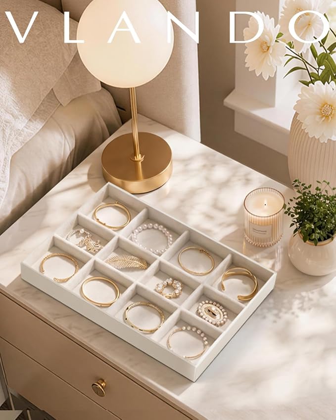 VLANDO Stackable Jewelry Tray, Drawer Organizer for Bracelets, Beige | Wide Sections, Soft Velvet Lining, Raised Edge, Fits Bangles, Watches, Daily Pieces, Gift for Women Girl